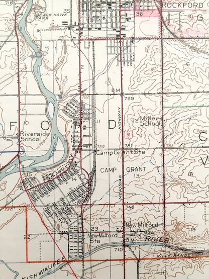 Antique Kings, Illinois 1918 US Geological Survey Topographic Map – Rockford, Camp Grant, Cherry Valley, Byron, Winnebago, Ogle County, IL