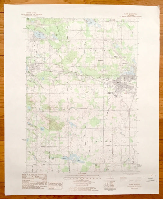 Antique Clare, Michigan 1983 US Geological Survey Topographic Map – Vernon, Grant, Farwell, Gilmore, Surrey, Lake Shamrock, Lake Thirteen MI