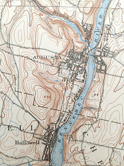 Antique Augusta, Maine 1892 US Geological Survey Topographic Map – Hallowell, Winthrop, Farmington Belgrade Sidney Readfield Mount Vernon ME