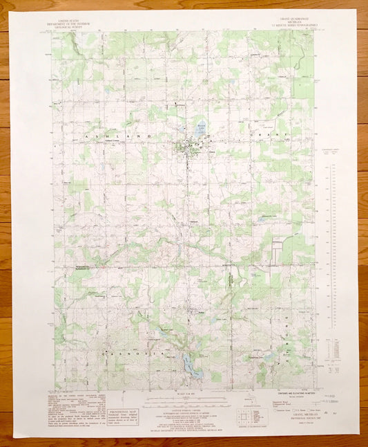 Antique Grant, Michigan 1985 US Geological Survey Topographic Map – Ashland, Casnovia, Tyrone, Bailey, Half Moon Lake Blanch Moore County MI