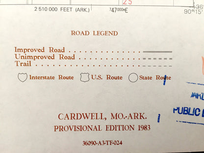 Antique Cardwell, Missouri & Brighton, Arkansas, 1983 US Geological Survey Topographic Map – Bard, Buck Donic, Riverside, Barkcamp Island
