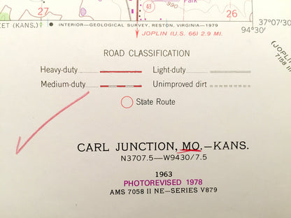 Antique Carl Junction, Missouri & Shawnee, Kansas 1963 US Geological Survey Topographic Map – Smithfield, Klondike, Galena, Joplin