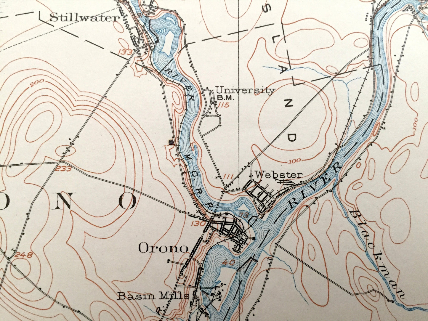 Antique Orono & Old Town, Maine 1902 US Geological Survey Topographic Map – Penobscot County, University of, Bradley, Clifton, Bangor, ME