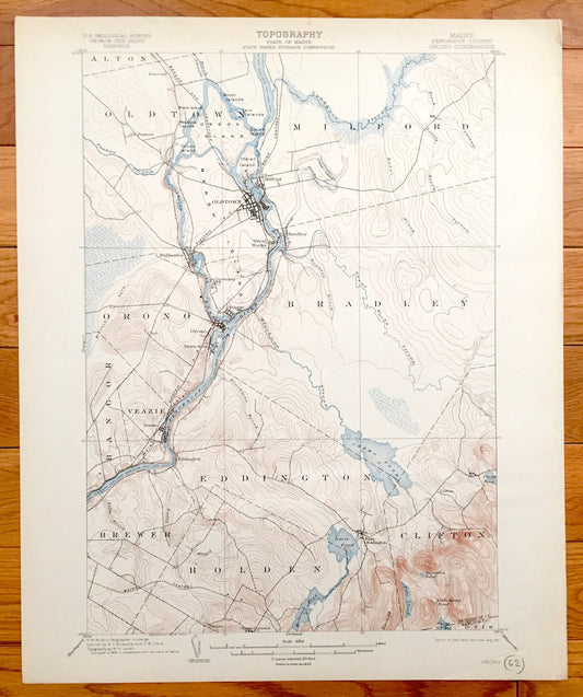 Antique Orono & Old Town, Maine 1902 US Geological Survey Topographic Map – Penobscot County, University of, Bradley, Clifton, Bangor, ME