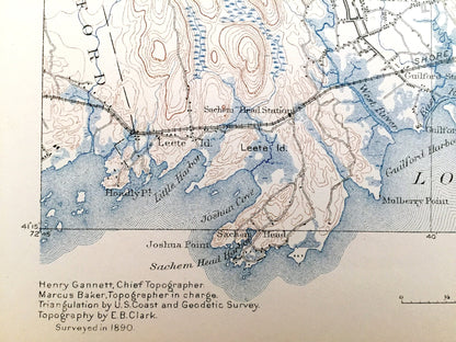 Antique Guilford, Connecticut 1893 US Geological Survey Topographic Map – Madison, Clinton, Killingworth, Durham, Haddam, Saybrook, Coast CT