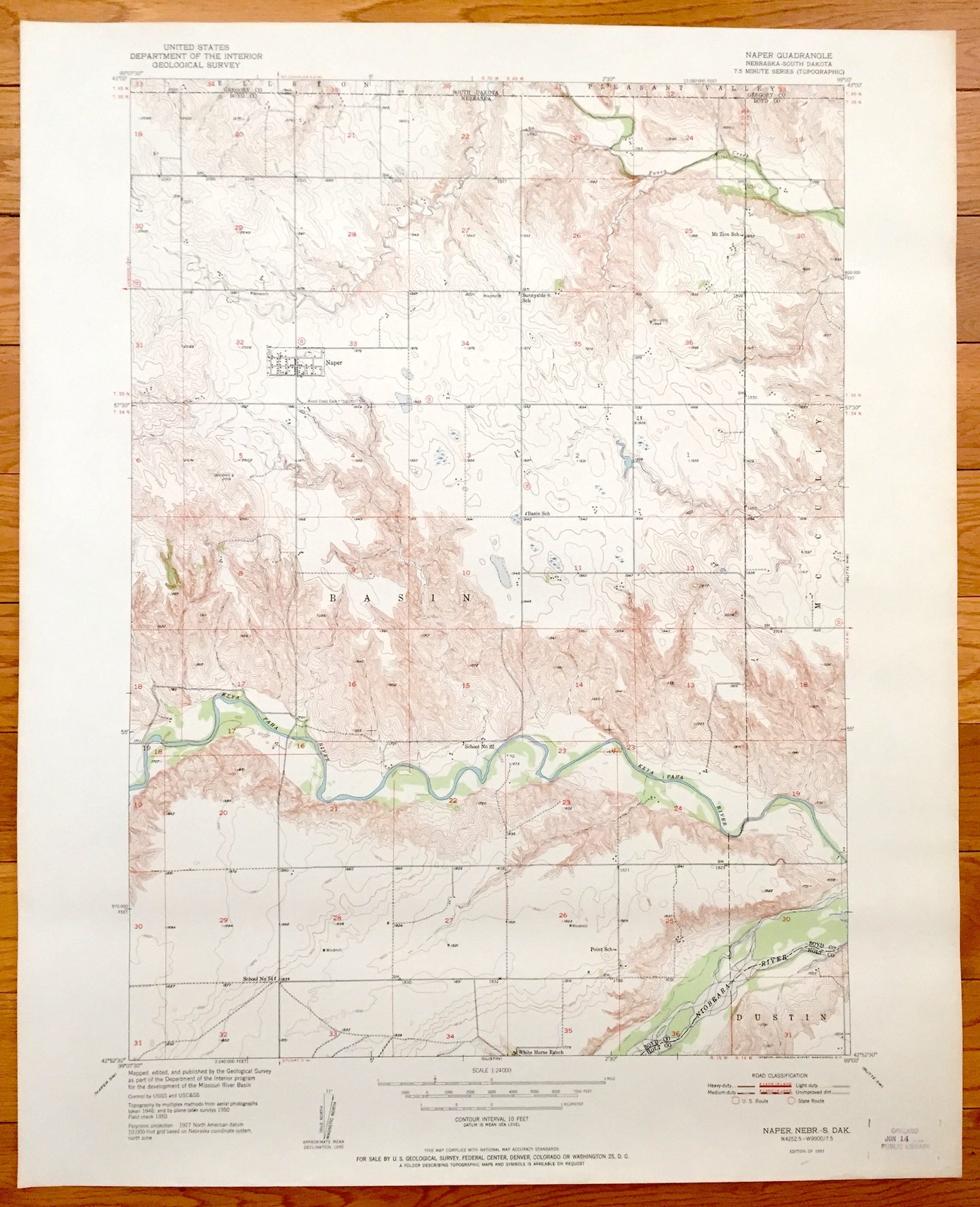 Antique Naper, Nebraska & Pleasant Valley, South Dakota 1951 US Geological Survey Topographic Map – Basin, Dustin, Ellston, McCully