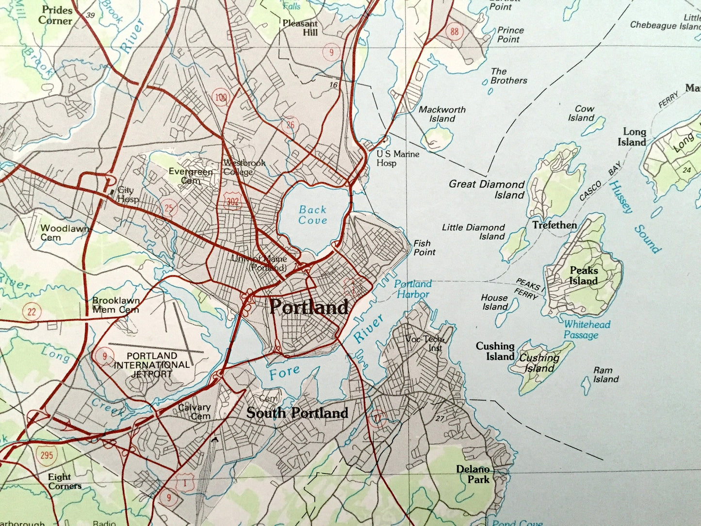 Antique Portland, Maine 1985 US Geological Survey Topographic Map – Sebago Lake, Scarborough, Falmouth, Yarmouth, Freeport, Brunswick, ME