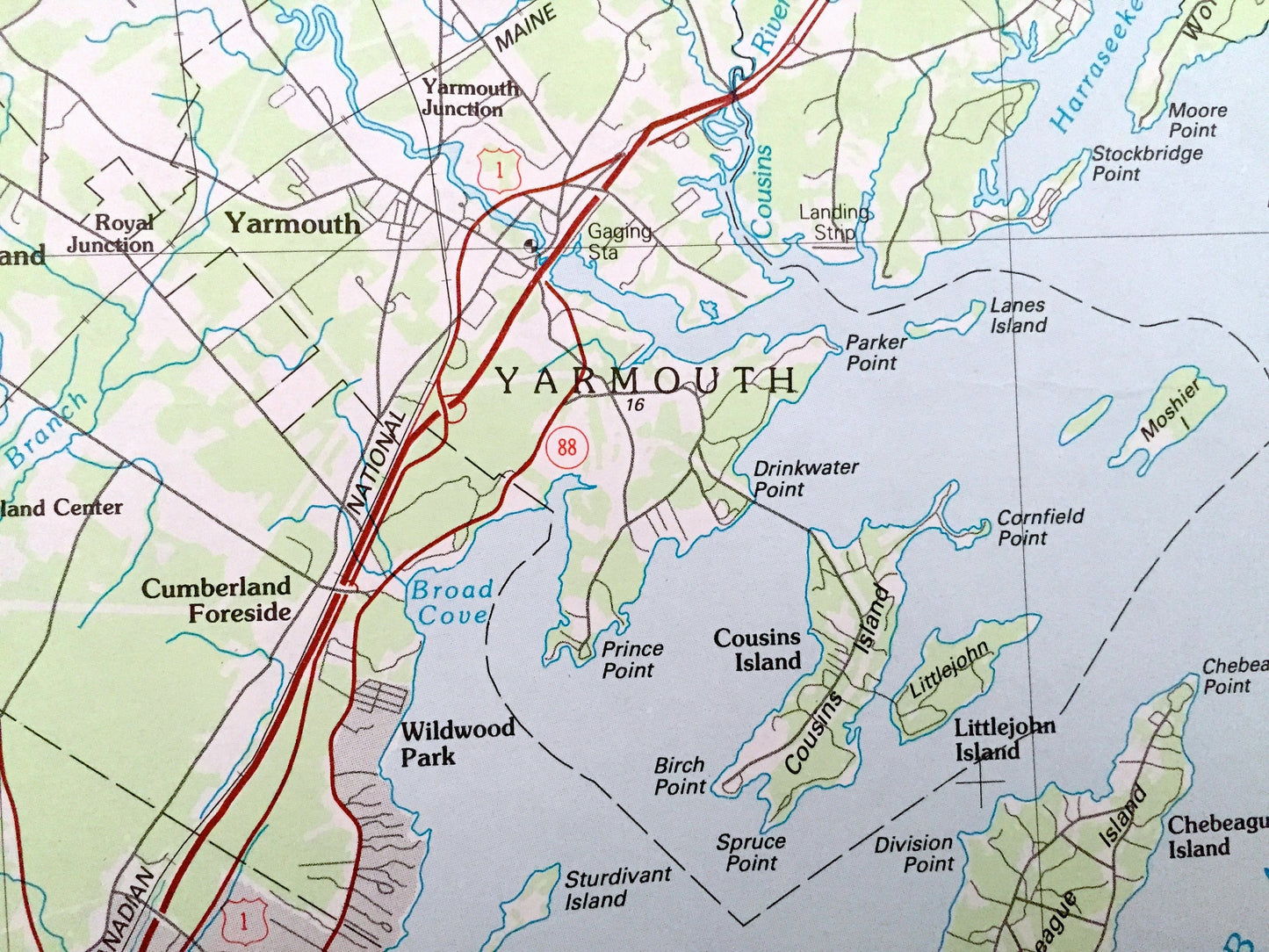 Antique Portland, Maine 1985 US Geological Survey Topographic Map – Sebago Lake, Scarborough, Falmouth, Yarmouth, Freeport, Brunswick, ME