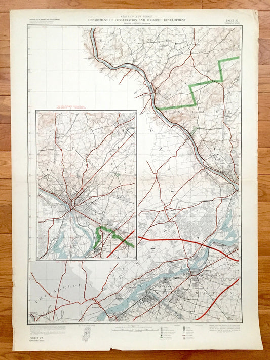Antique New Jersey & Pennsylvania 1913 Dept of Economic Development Topographic Map – Trenton Burlington Mercer Hunterdon Philadelphia NJ PA