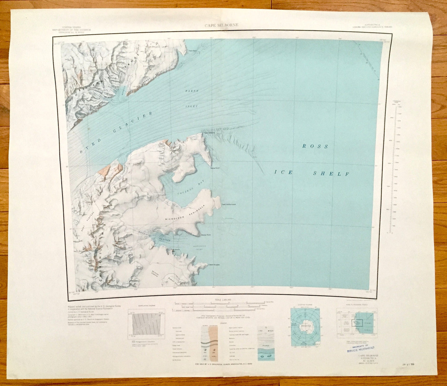 Antique Cape Selborne, Antarctica 1963 US Geological Survey Topographic Map – Ross Ice Shelf, Byrd Glacier, Churchill Range, Britannia Range