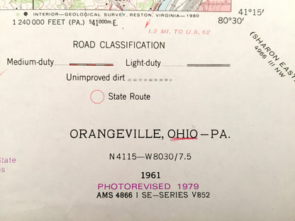 Antique Orangeville, Ohio & South Pymatuning, Pennsylvania 1961 US Geological Survey Topographic Map – Brookfield, Hartford, Vernon, Hickory