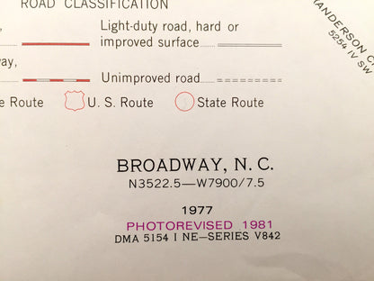 Antique Broadway, North Carolina 1977 US Geological Survey Topographic Map – Swann, Seminole, Ryes, Harnett, Lee County, Lake Trace, NC
