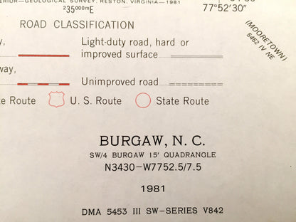 Antique Burgaw, North Carolina 1981 US Geological Survey Topographic Map – Murray Town, Van Eden, St Helena, Pender County, Cape Fear, NC