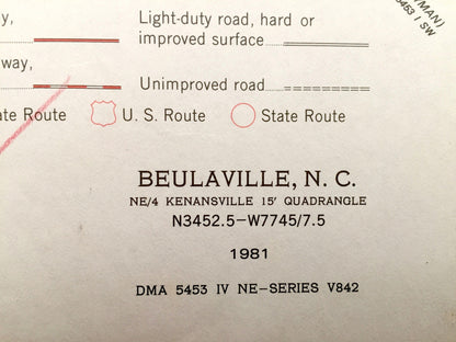 Antique Beulaville, North Carolina 1981 US Geological Survey Topographic Map – Hallsville, Sarecta, Cabin, Jacksons Crossroads, Catherine Sq
