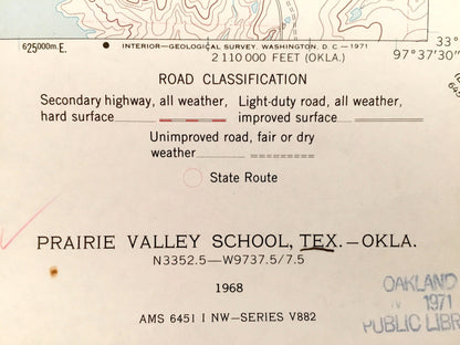 Antique Prairie Valley School, Texas & Brown, Oklahoma 1968 US Geological Survey Topographic Map – Lake Nocona, Red River Rowland,Hynds City