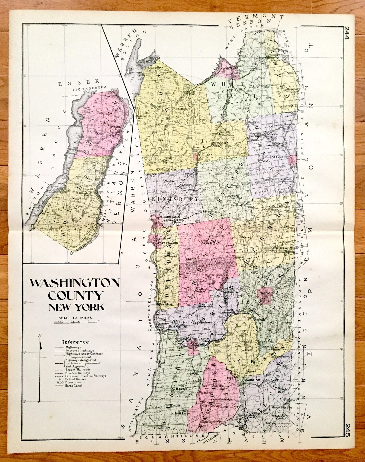 Antique Washington County, New York 1912 New Century Atlas Map – Fort Edward, Hudson Falls, Whitehall, Fort Ann, Granville, Salem, Greenwich