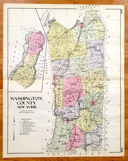 Antique Washington County, New York 1912 New Century Atlas Map – Fort Edward, Hudson Falls, Whitehall, Fort Ann, Granville, Salem, Greenwich
