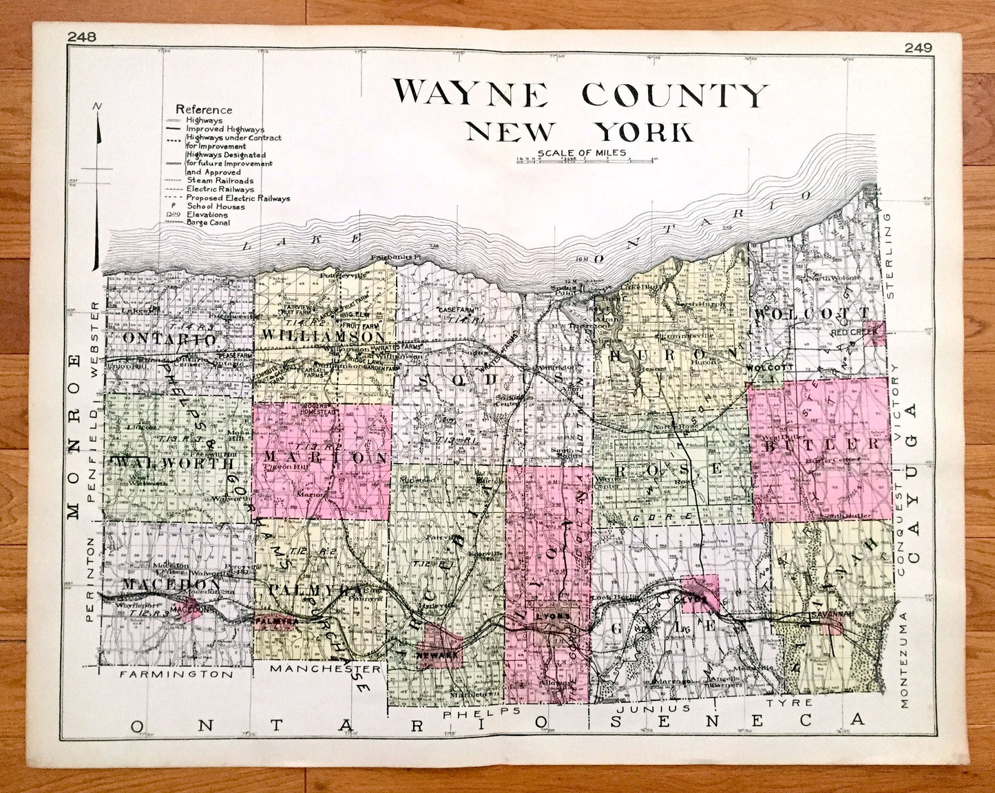 Antique Wayne County, New York 1912 New Century Atlas Map – Lyons, Newark, Palmyra, Macedon, Sodus Point, Pultneyville, Huron, Clyde Rose NY