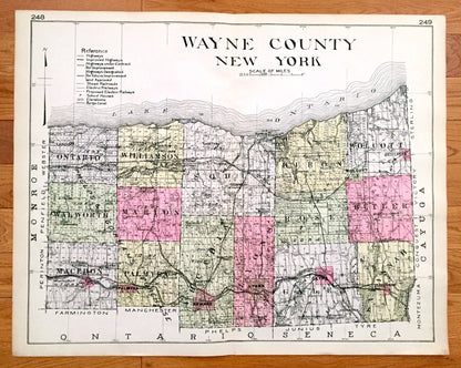 Antique Wayne County, New York 1912 New Century Atlas Map – Lyons, Newark, Palmyra, Macedon, Sodus Point, Pultneyville, Huron, Clyde Rose NY