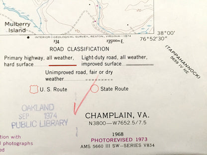 Antique Champlain, Virginia 1968 US Geological Survey Topographic Map – Oak Row, Layton, Leedstown, Horners, Foneswood, Rappahannock River