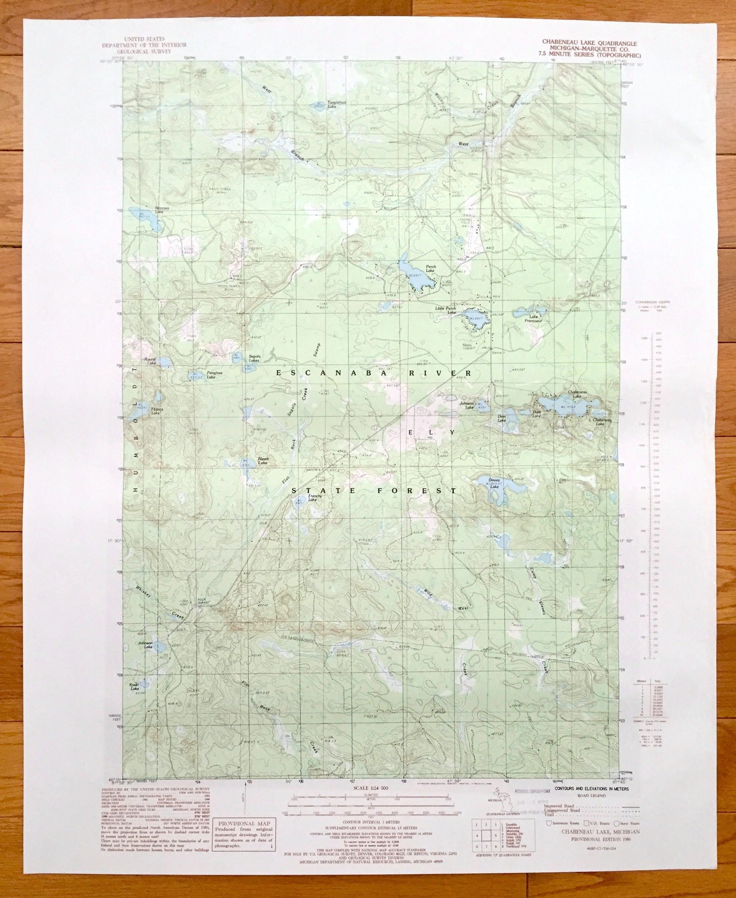 Antique Chabeneau Lake, Michigan 1986 US Geological Survey Topographic Map – Escanaba River State Forest, Ely, Humboldt Little Perch Lake MI