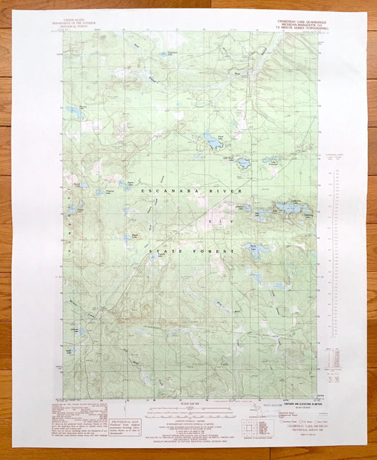 Antique Chabeneau Lake, Michigan 1986 US Geological Survey Topographic Map – Escanaba River State Forest, Ely, Humboldt Little Perch Lake MI