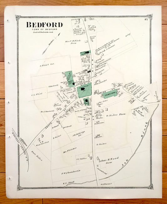 Antique 1875 Bedford, Massachusetts Map from J.B. Beers Atlas of Middlesex County – Mount Pleasant, Groton, Reading, Nashua River, MA