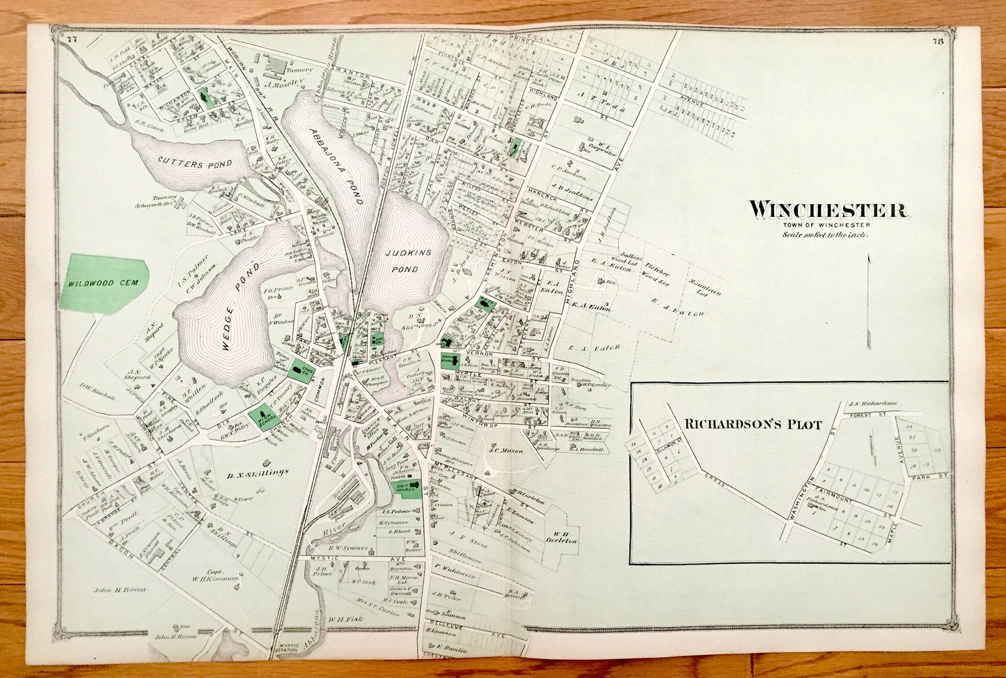 Antique 1875 Winchester & Stow, Massachusetts Map from J.B. Beers Atlas of Middlesex County – Lower Village, Rock Bottom, Assabet, Aberjona