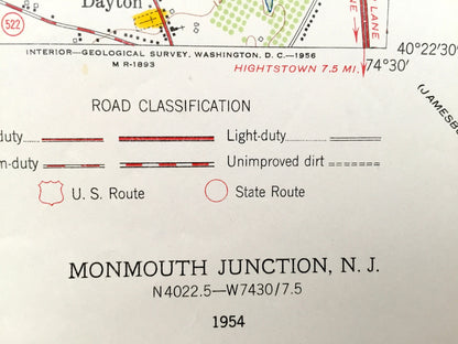 Antique Monmouth Junction, New Jersey 1954 US Geological Survey Topographic Map – Hillsborough, Franklin, South Brunswick, Montgomery, NJ