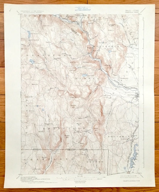 Antique Granville, Massachusetts 1895 US Geological Survey Topographic Map – Montgomery, Blanford, Westfield & Hartland, Granby, Connecticut