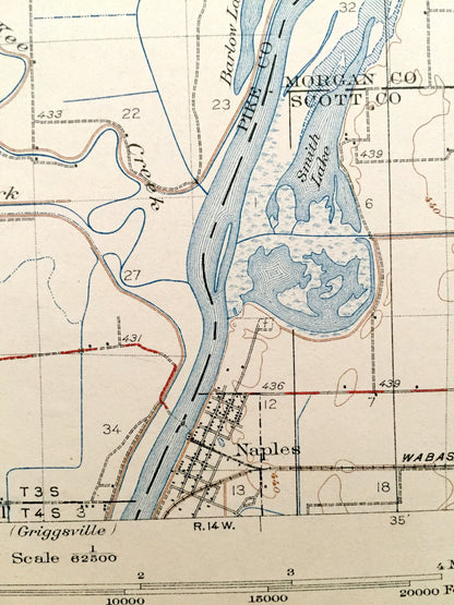 Antique Meredosia, Illinois 1931 US Geological Survey Topographic Map – Versailles, Naples, Bluffs, Cooperstown, Perry, Elkhorn, Mt Sterling