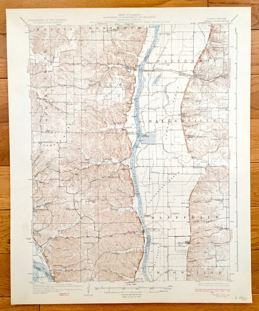 Antique Pearl, Illinois 1930 US Geological Survey Topographic Map – Pike, Calhoun, Greene County, Kampsville, Eldred, Hillview, Bluffdale IL