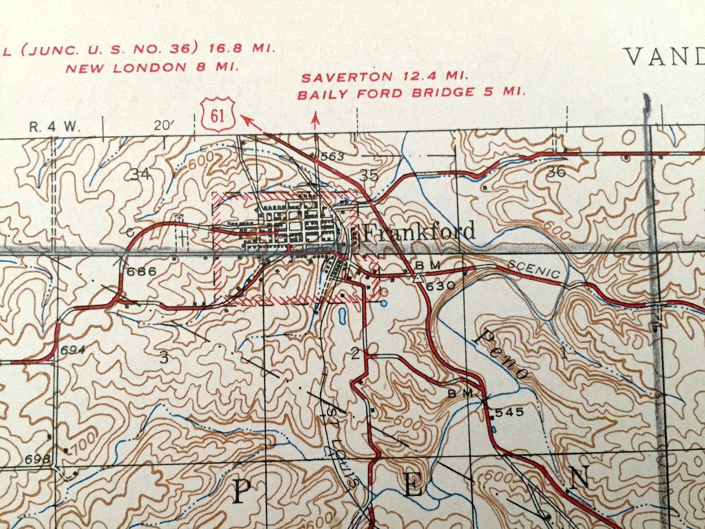 Antique Vandalia, Missouri 1945 US Geological Survey Topographic Map – Frankford, Curryville, Spencer, Pike, Ralls, Audrain County MO