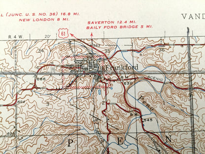 Antique Vandalia, Missouri 1945 US Geological Survey Topographic Map – Frankford, Curryville, Spencer, Pike, Ralls, Audrain County MO
