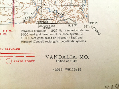 Antique Vandalia, Missouri 1945 US Geological Survey Topographic Map – Frankford, Curryville, Spencer, Pike, Ralls, Audrain County MO
