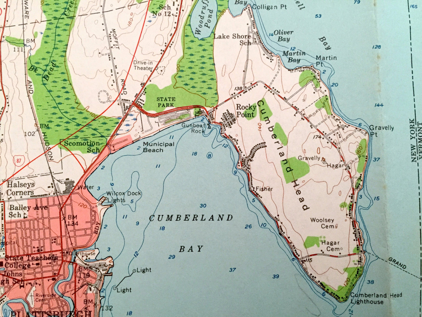 Antique Plattsburgh, New York & South Hero Island, Vermont 1956 US Geological Survey Topographic Map – Burlington, Lake Champlain, Port Kent