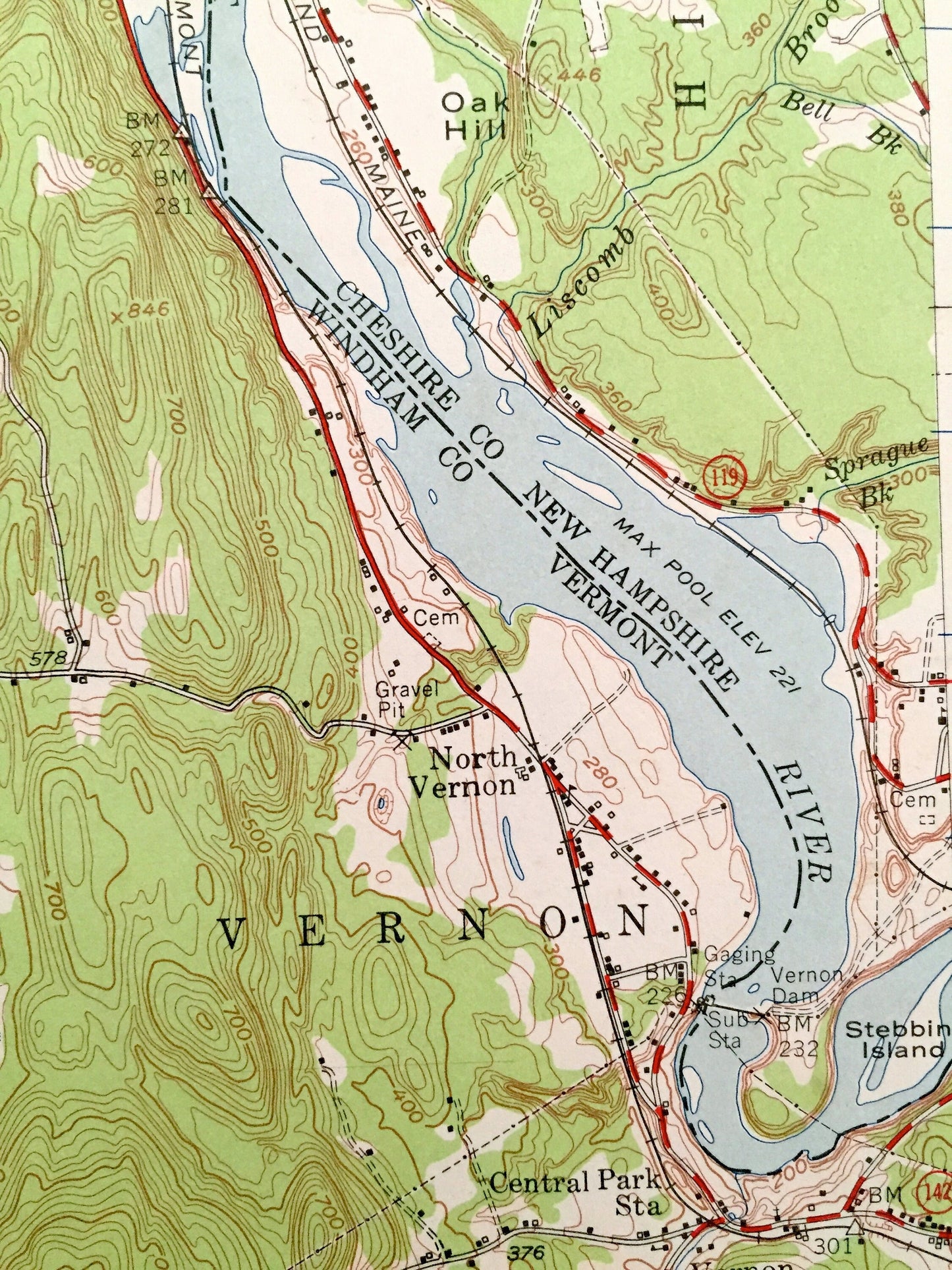 Antique Brattleboro, Vermont 1954 US Geological Survey Topograph Map – Dummerston, Vernon, Newfane, Guilford, Windham, New Hampshire, VT NH