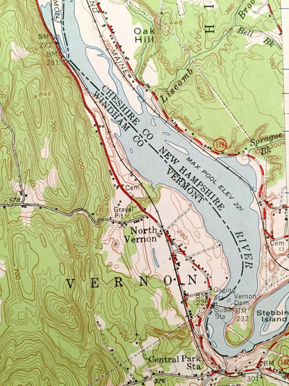 Antique Brattleboro, Vermont 1954 US Geological Survey Topograph Map – Dummerston, Vernon, Newfane, Guilford, Windham, New Hampshire, VT NH