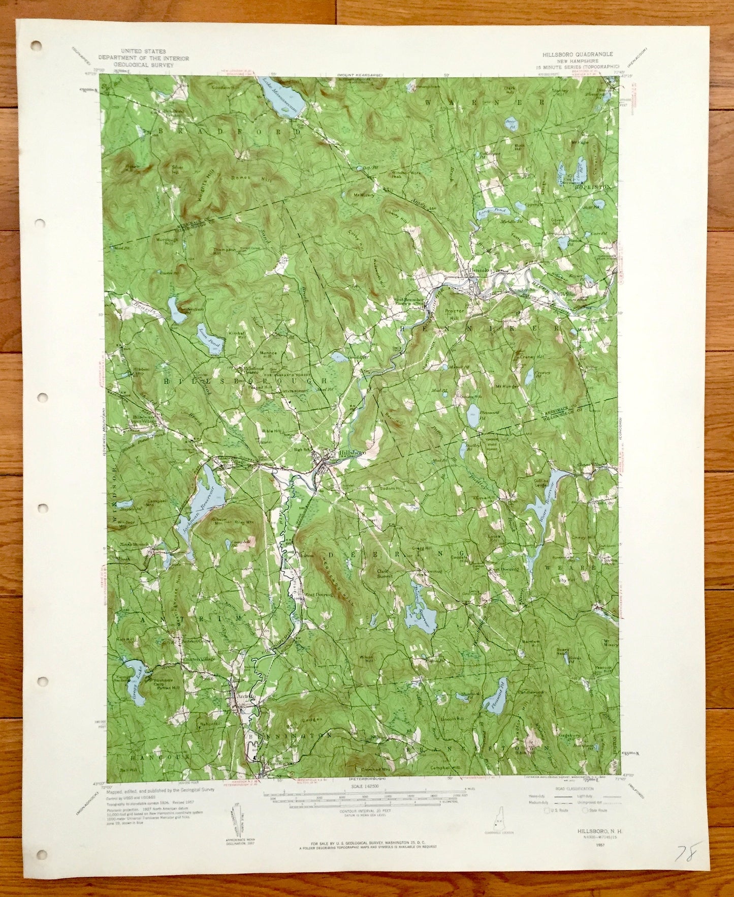 Antique Hillsboro, New Hampshire 1957 US Geological Survey Topographic Map – Bradford, Warner, Henniker, Deering, Weare, Antrim, Francestown