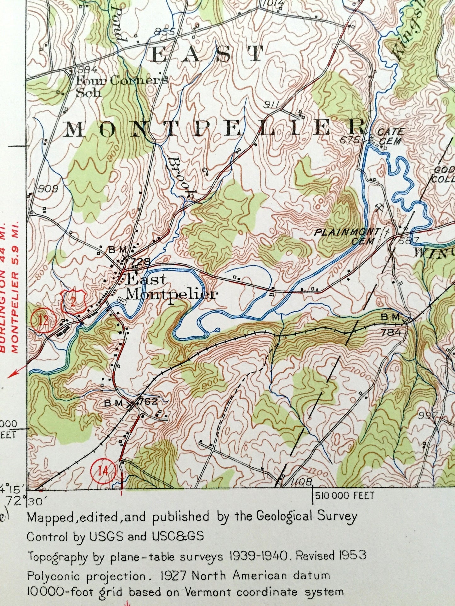 Antique Plainfield, Vermont 1953 US Geological Survey Topographic Map – Caladonia County, Woodbury, Cabot, Marshfield, East Montpelier, VT
