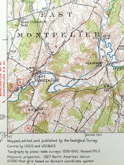 Antique Plainfield, Vermont 1953 US Geological Survey Topographic Map – Caladonia County, Woodbury, Cabot, Marshfield, East Montpelier, VT