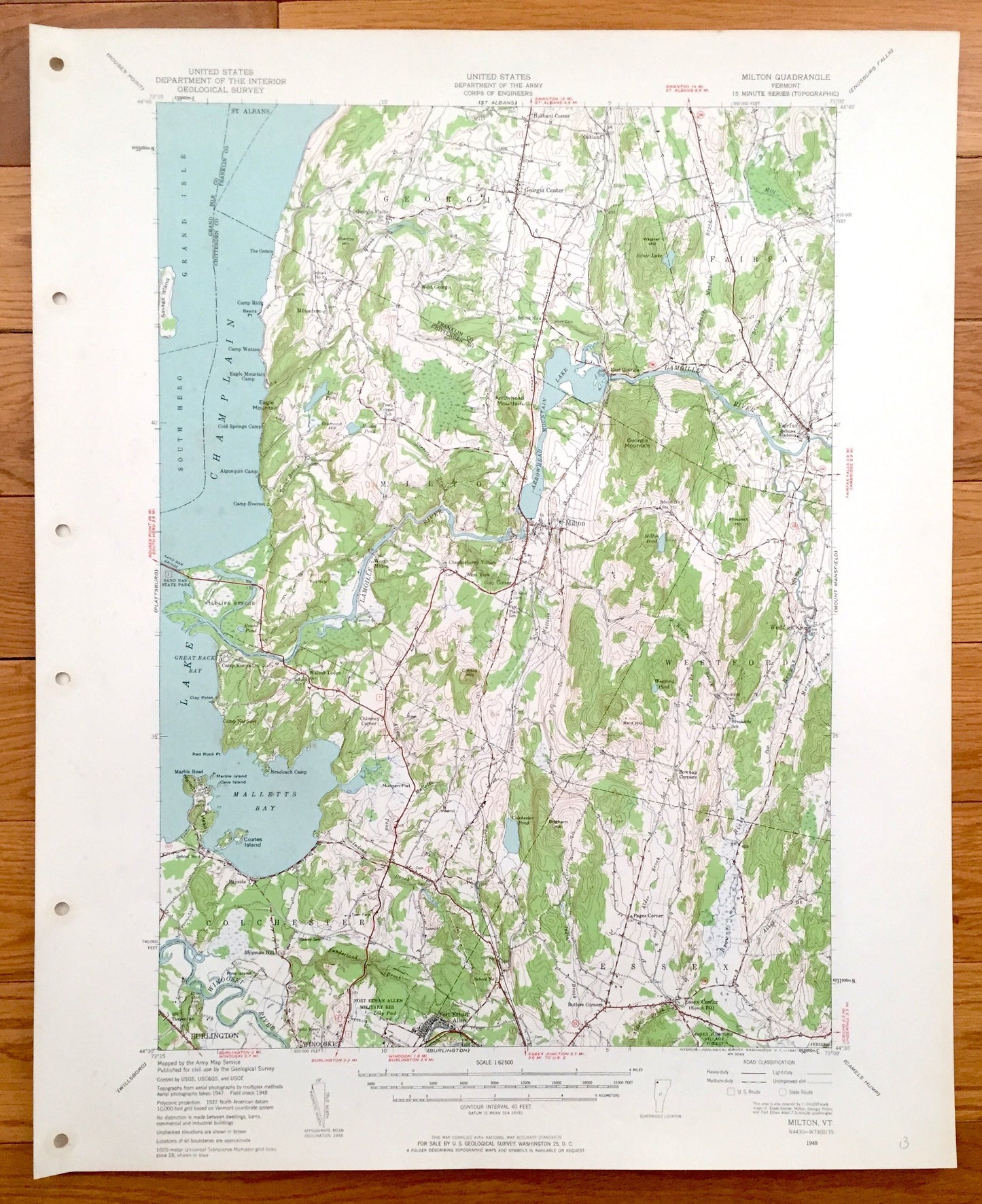 Antique Milton, Vermont 1948 US Geological Survey Topographic Map – Lake Champlain, Georgia, Westford, Cochester, Essex, Burlington, VT