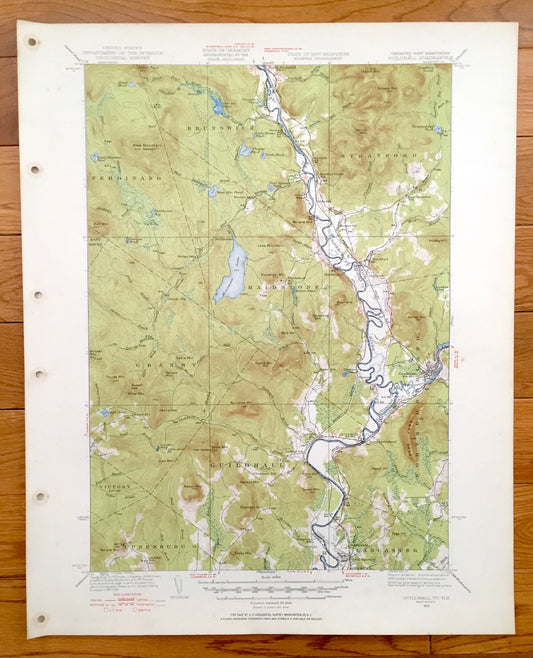 Antique Guildhall, Vermont 1933 US Geological Survey Topographic Map – Stratford, Brunswick Lancaster, Maidstone, Groveton, New Hampshire VT