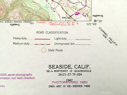 Antique Seaside, California 1947 US Geological Survey Topographic Map – Monterey Bay, Del Rey Oaks, Delmonte, Retreat Noche Buena Heights CA