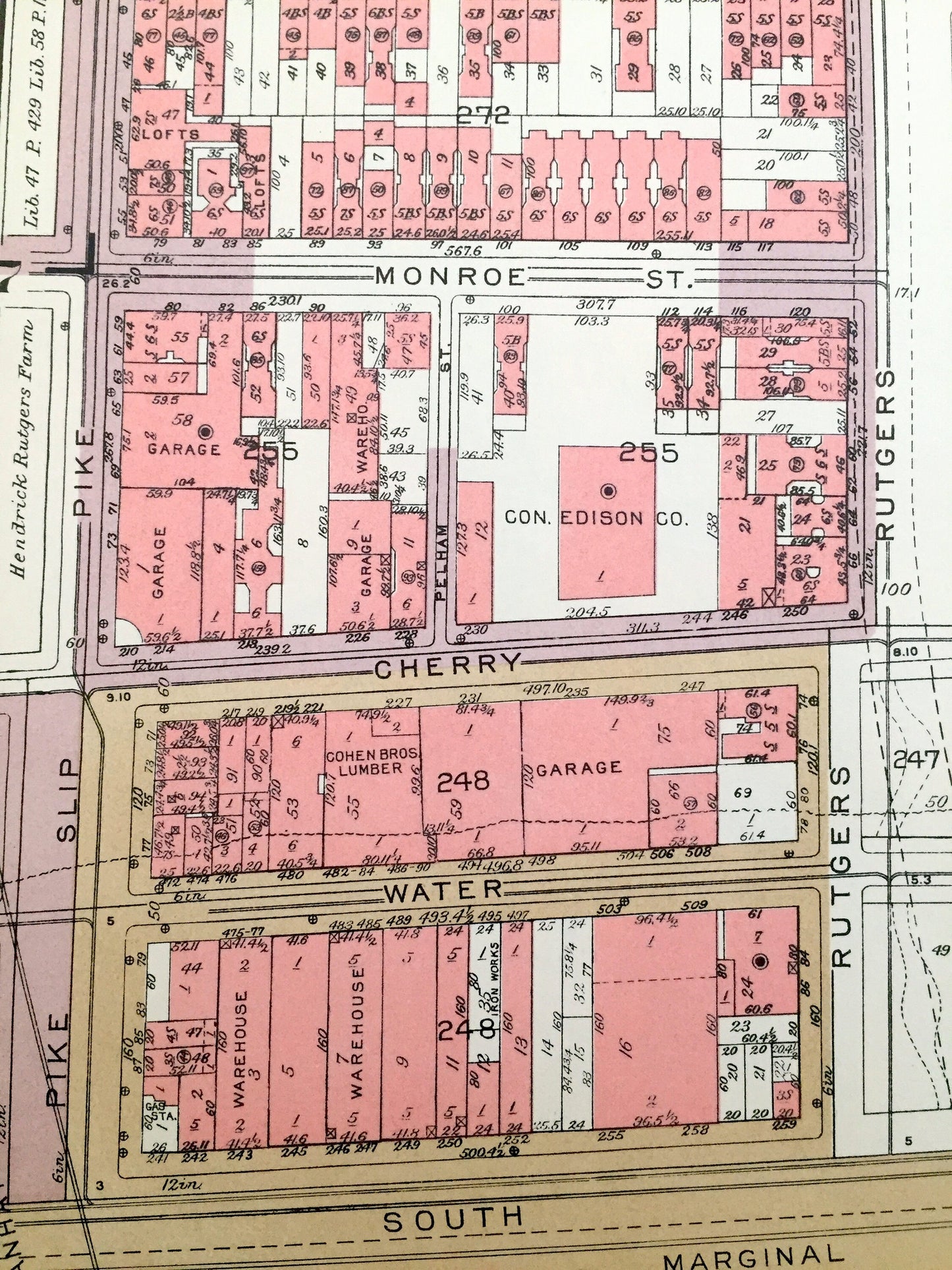 Antique Manhattan, New York Map from Bromley's 1955 Manhattan Land Book – Lower East Side, Two Bridges, Laguardia & Corlears Hook Houses NYC
