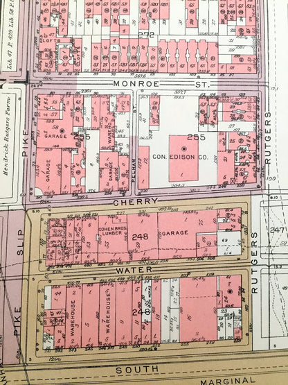 Antique Manhattan, New York Map from Bromley's 1955 Manhattan Land Book – Lower East Side, Two Bridges, Laguardia & Corlears Hook Houses NYC
