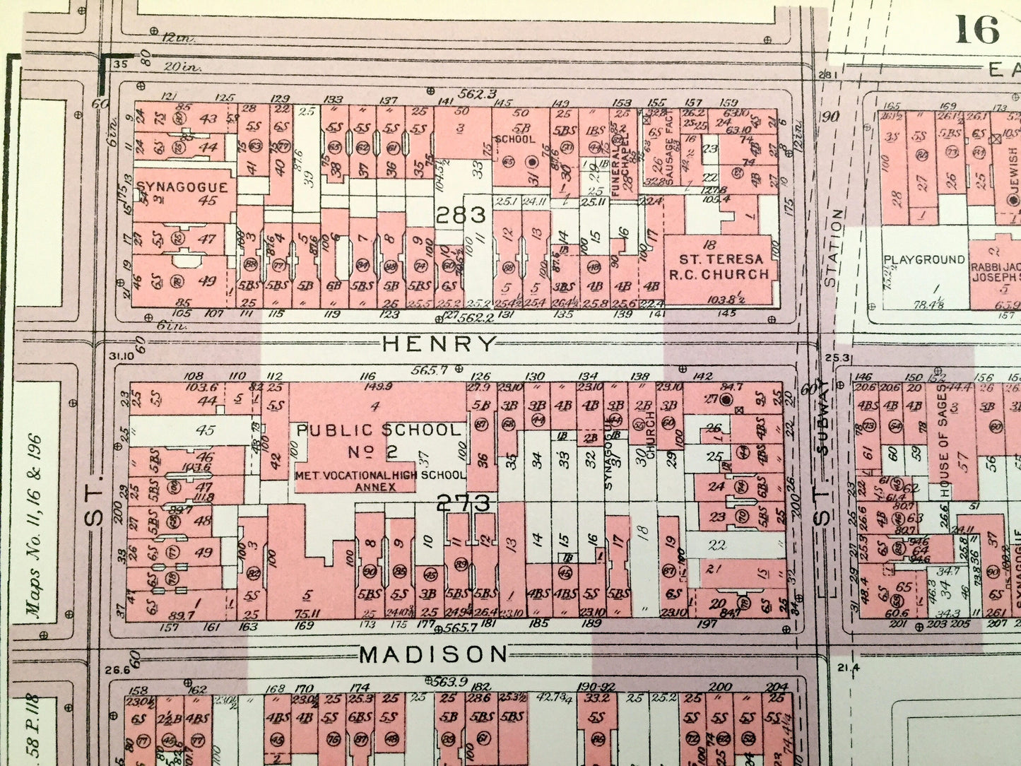Antique Manhattan, New York Map from Bromley's 1955 Manhattan Land Book – Lower East Side, Two Bridges, Laguardia & Corlears Hook Houses NYC