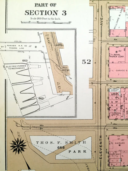 Antique Manhattan, New York Map from Bromley's 1955 Manhattan Land Book – Chelsea Piers, West Side, Hudson River, High Line, Midtown, NY NYC