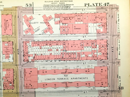 Antique Manhattan, New York Map from Bromley's 1955 Manhattan Land Book – Chelsea Piers, West Side, Hudson River, High Line, Midtown, NY NYC