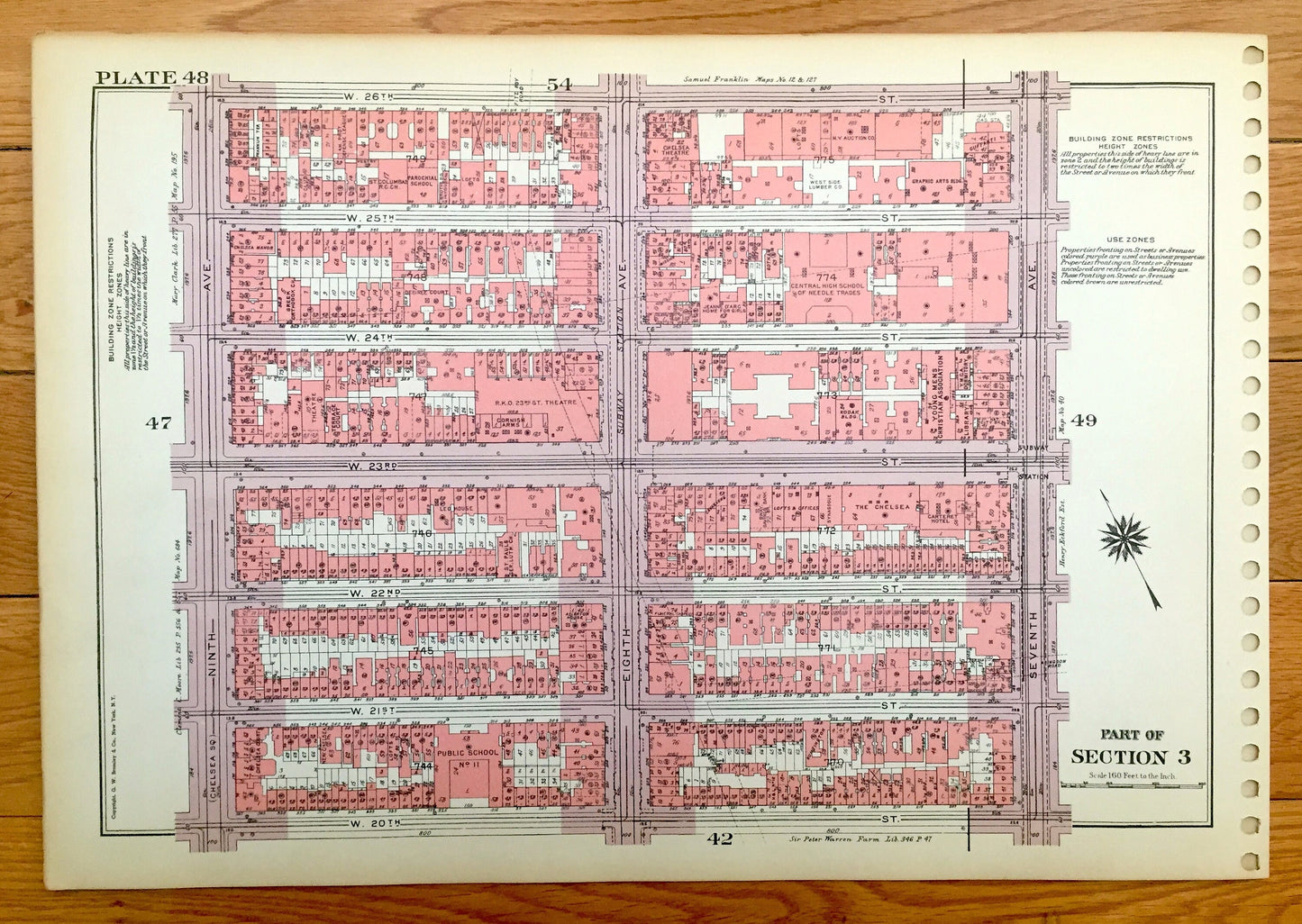 Antique Manhattan, New York Map from Bromley's 1955 Manhattan Land Book – Chelsea Piers, West Side, Hudson River, High Line, Midtown, NY NYC